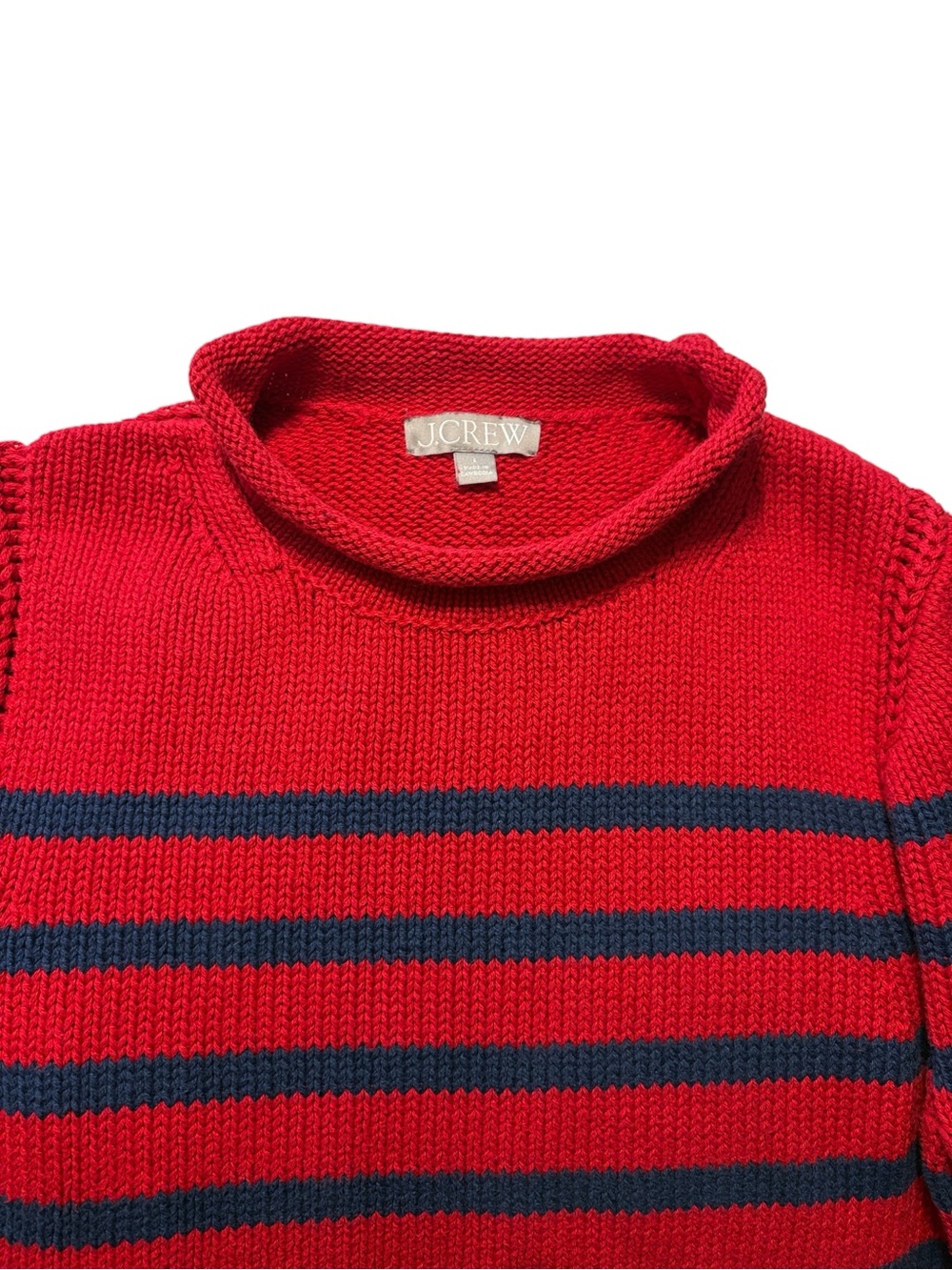 J. Crew Cotton Rollneck Sweater L Blue White Stripes Summer Preppy 4th of July - Picture 4 of 7